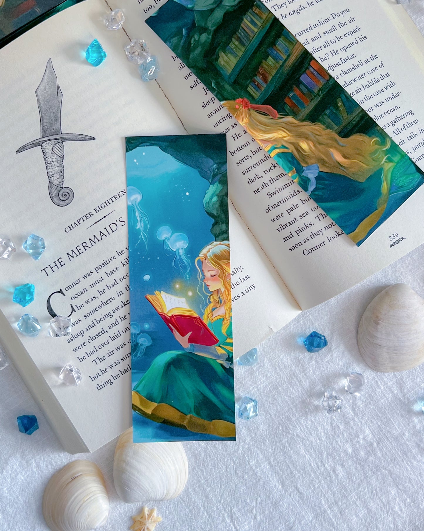 🧜‍♀️Tales Beneath the Tides – Bookmark & Sprayed-Edges Notebook Set🐚