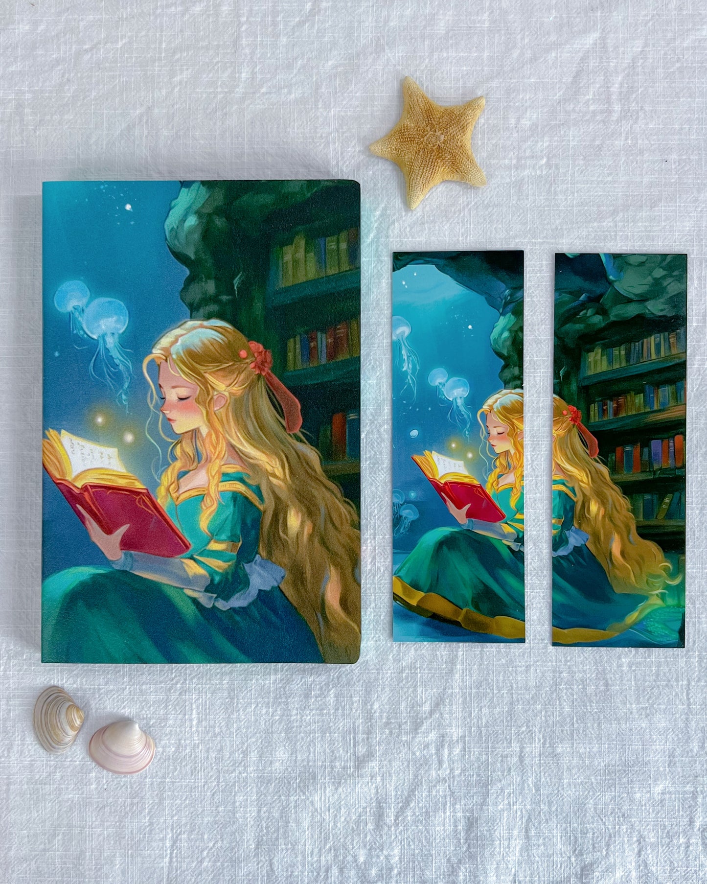 🧜‍♀️Tales Beneath the Tides – Bookmark & Sprayed-Edges Notebook Set🐚